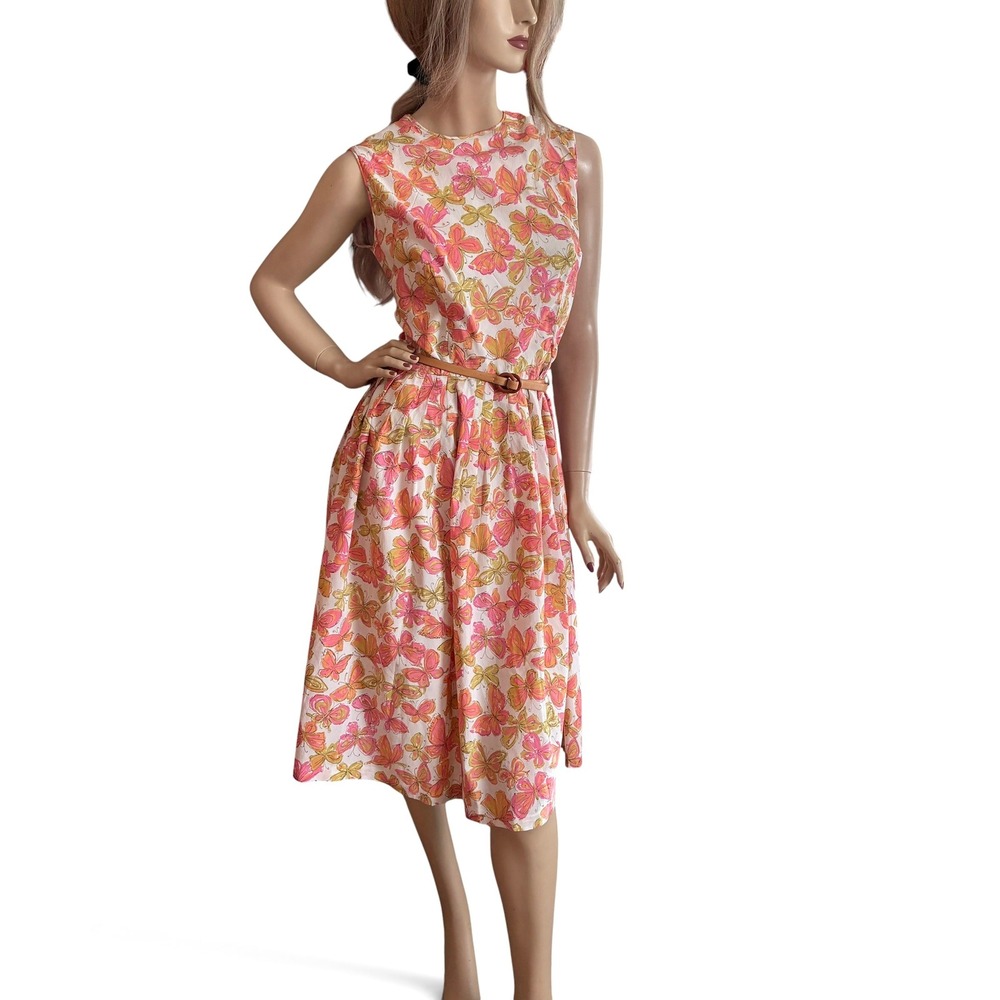 Vintage 60s Butterfly Print Dress Medium Pink Orange Sleeveless Fit Flare Midi